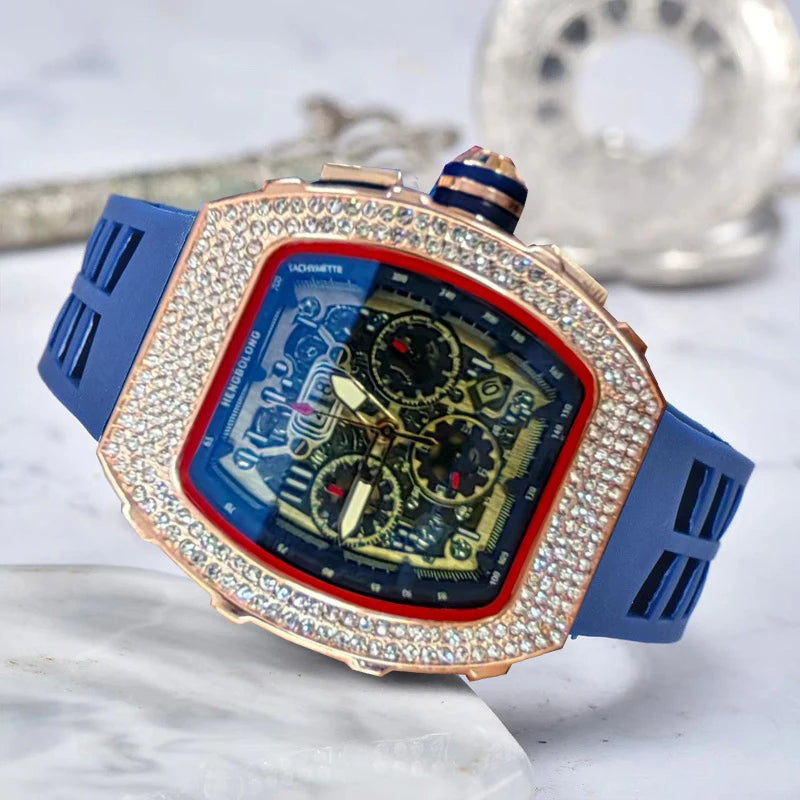 New Men's Hengbo Long European and American Hollow Star Diamond Fashion Barrel-Shaped Three-Eye Six-Hand Business Quartz Watch