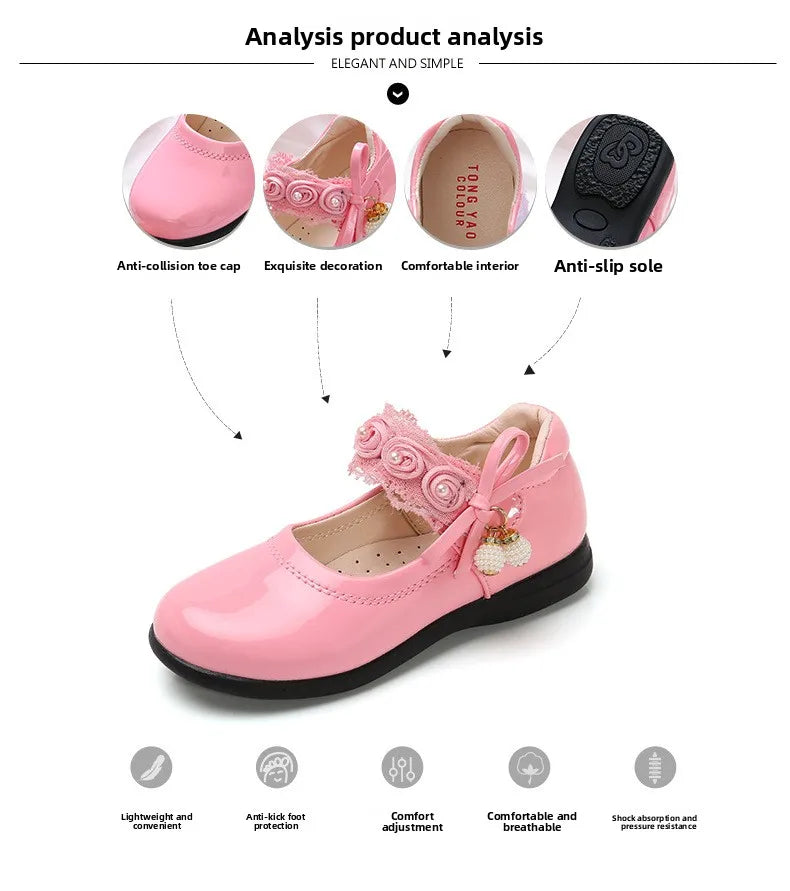 Kids Black Performance Shoes Soft Sole for Students Flat Shoes Casual Versatile 2025 New Kids Princess Shoes with Sweet Pendant