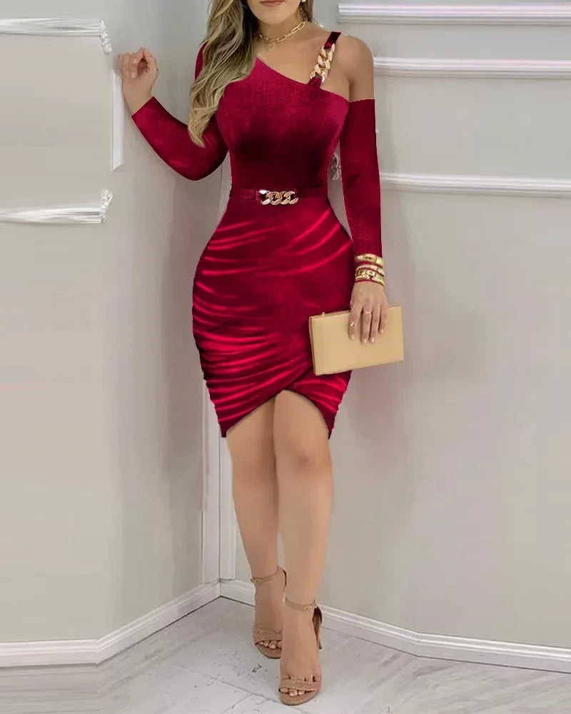 Women Evening Party Dress 2025 Autumn Winter Velvet One Shoulder Chain Ruched Mini Dresses Skinny Wedding Guest ﻿vestidos mujer