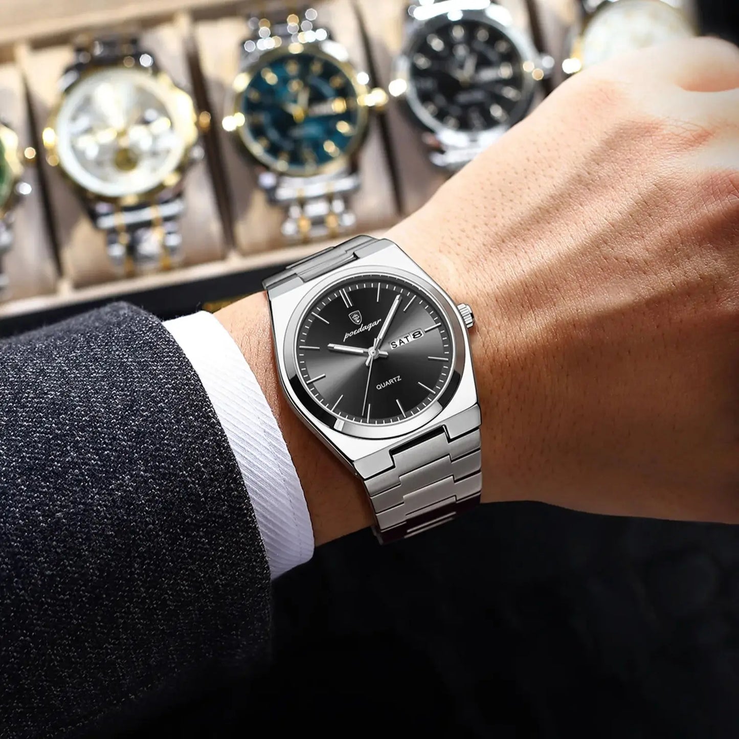 POEDAGAR Luxury Men Watch Stainless Steel Waterproof Luminous Man Wristwatch Date Week Fashion Casual Men's Watches Quartz Reloj