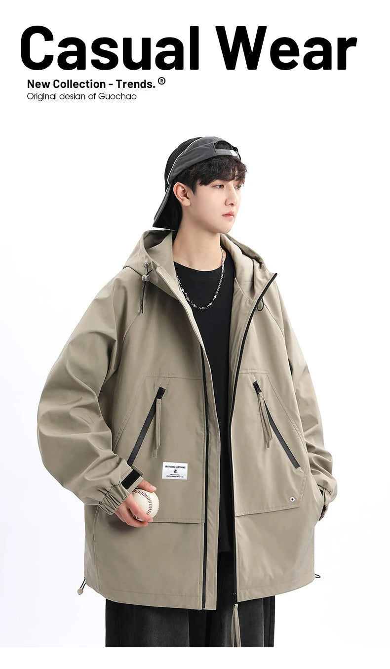 Autumn Men's Jacket Springtime Trendy Streetwear Coat Fashion Outerwear Hooded Solid Color Men Jackets Korean Version Clothing