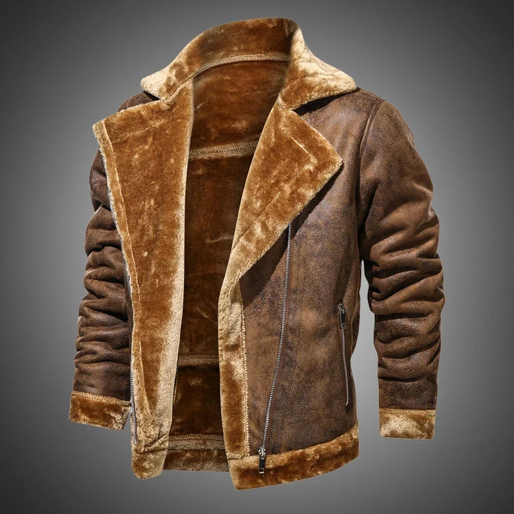 2022 Winter Jacket Mens Suede Leather Jacket Lapel Collar Vintage Style Warm Thick Fur Slim Fit Men Jackets M-4XL