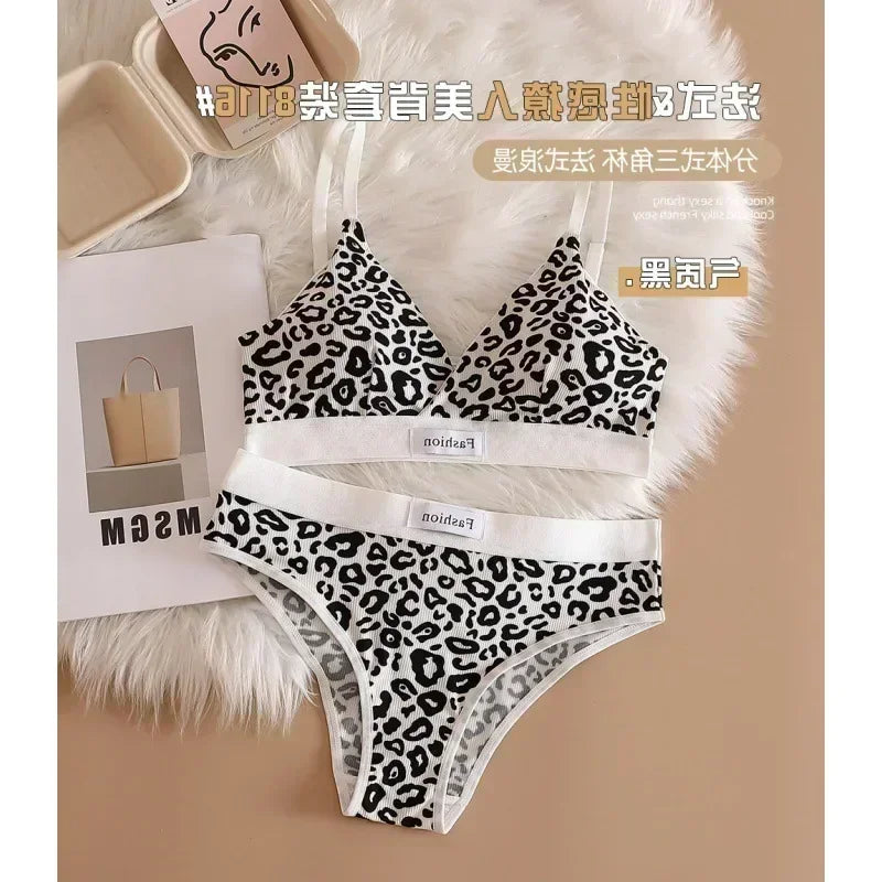 Women Seamless Bra Set Low Waist Panties Leopard Bralette Sexy Lingerie Set Vneck Sport Brassiere Female Cotton Underwear Set
