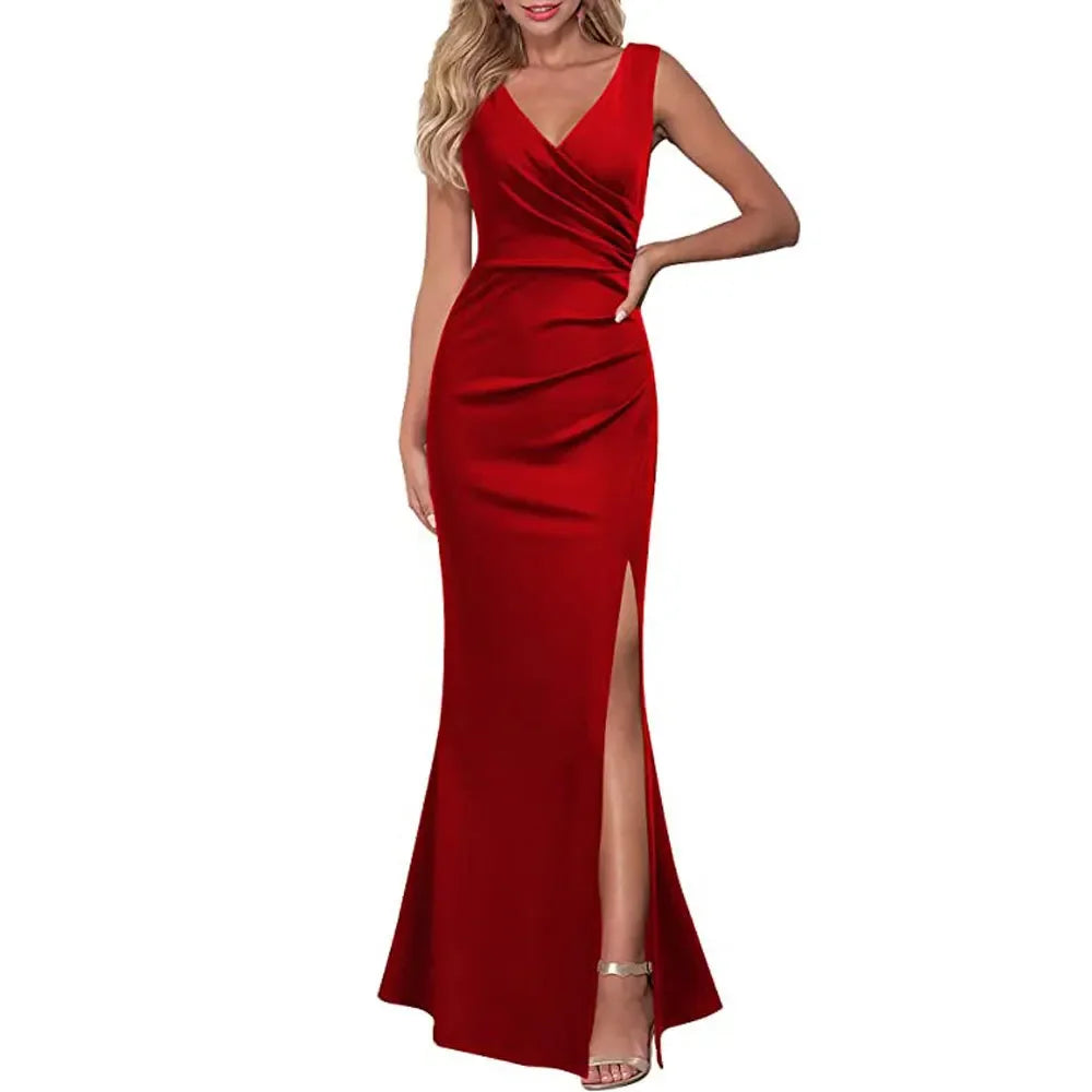 Long Dresses for Women Sexy V Neck Fashion Solid Color Slim Slit Dress Women