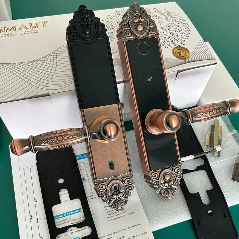 Smart Home Digital Lock Electronic Fingerprint Smart Lock European Home Indoor Door Handle Lock Golden Red Brown Tuya TTlock