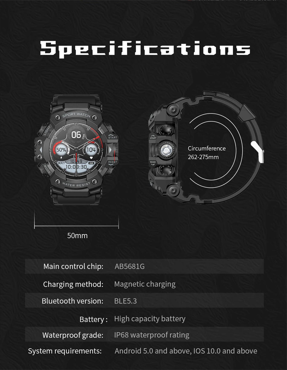For Xiaomi Military Sports Smart Watch Men 100+Sports Fitness Flashlight Compass Heart Rate Bluetooth Call Waterproof Smartwatch