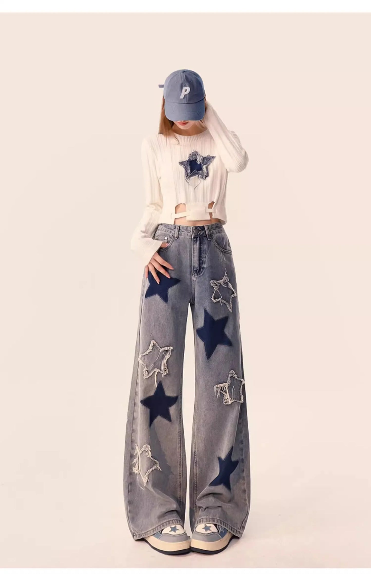 Women's Jeans American Vintage Star Embroidery Casual Denim Trousers Y2K Design Sense Denim High Street Loose Straight Leg Pants