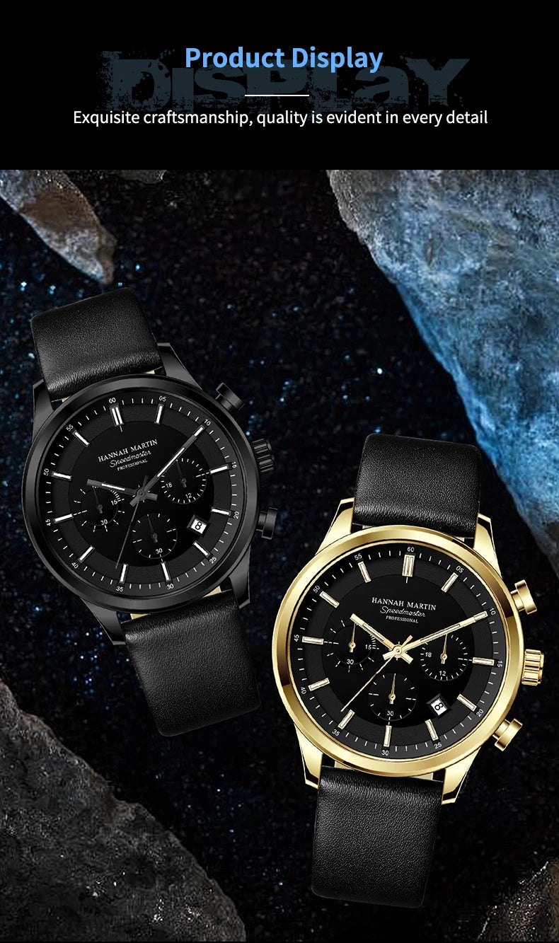 Hannah Martin Brand Men Watch Multifunctional Timing Dial Casual Sports Leather Original Quartz Movement Business Watch for Men