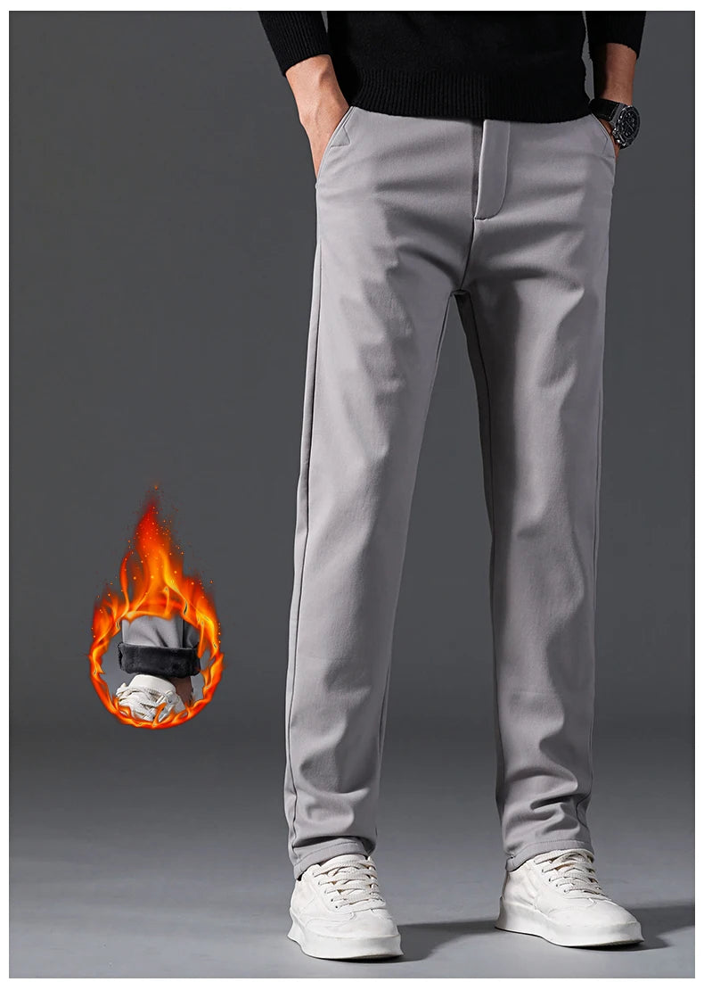 New Winter Mens Clothing Warm Casual Pants 98% Cotton Fleece Straight Business Thicken Men Pants Stretch Classic Velvet Trousers