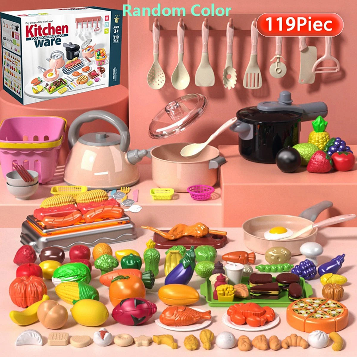 Kids Kitchen Toy Accessories, Pretend Cooking Playset with Play Pots and Pans, Utensils Cookware Toys, Play Food Set, Toy Veget