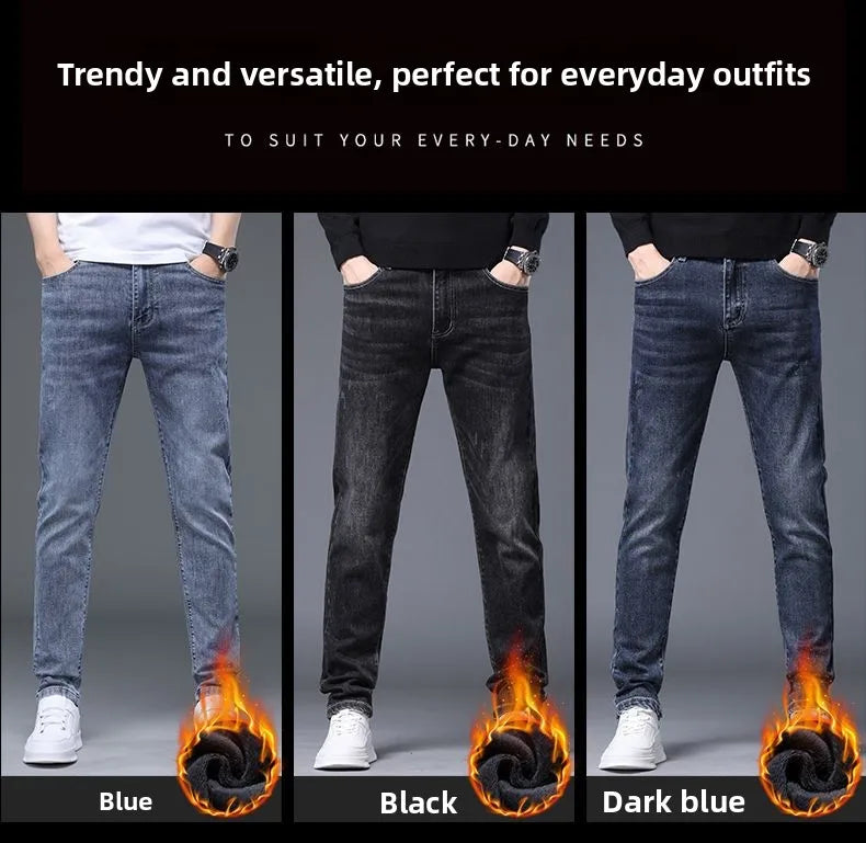 Fleece Thermal Autumn Winter Denim Jeans for Men Pants Warm Thicken Straight Stretch Clothing Fashion Street Causal Denim Pants