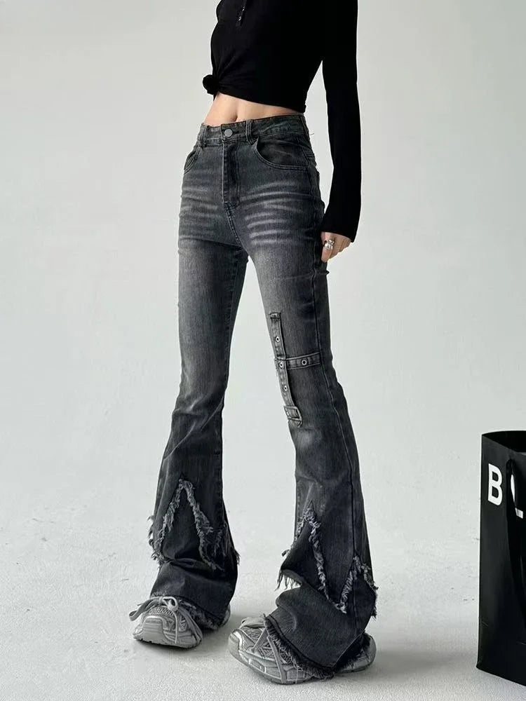 New retro slim-fitting women pants Y2k fashion trendy wasteland trousers legs furrow stretch jeans for women