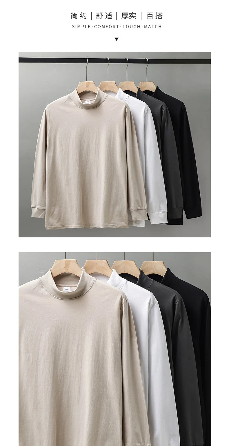Dukeen 270G Heavyweight Half-Turtleneck Long-Sleeve T Shirts for Men Autumn 100% Cotton Solid Color Undershirt Men's Clothing