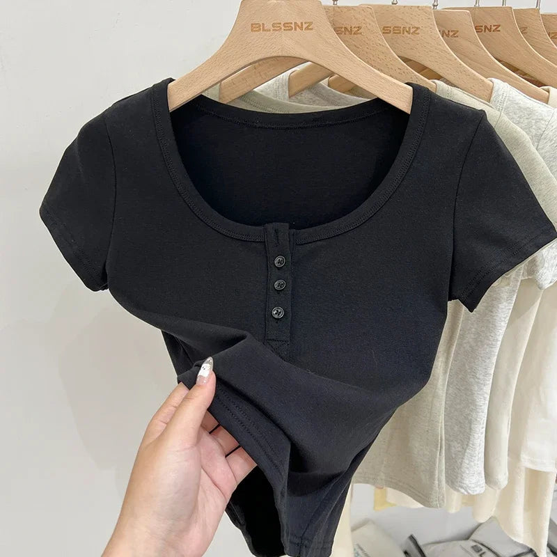 Women T Shirt Button T-Shirt Woman Clothes Tops Cotton Slim Tshirt Female Short Sleeve Top Summer Tee Sexy Canale Y2k