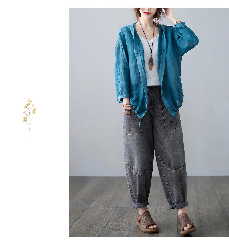 Women Summer Loose Hooded Sunscreen Casual Thin Jackets New Arrival Simple Style Solid Color Female Long Sleeve Hooded Coats