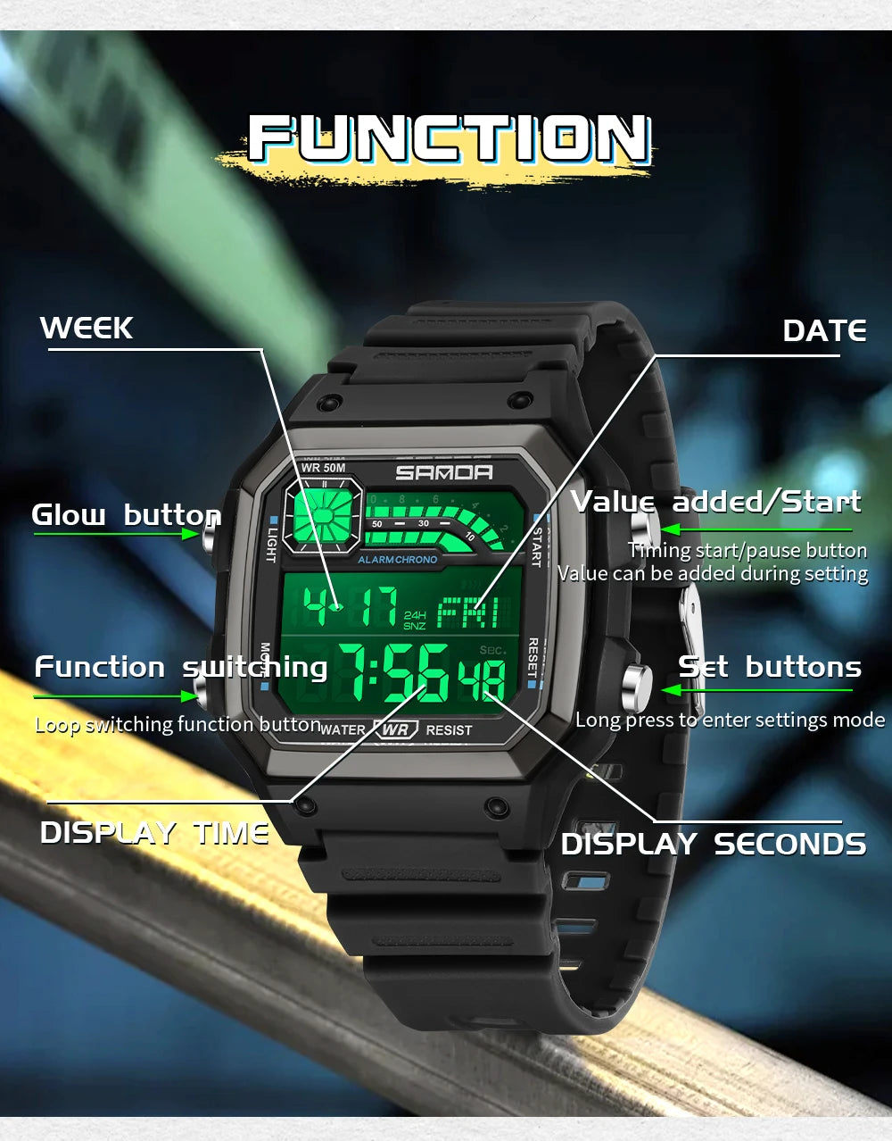 SANDA 6196 Electronic Watch Night Glow Waterproof Sports Men's Light and Thin Square Classic Male and Female Student Watch