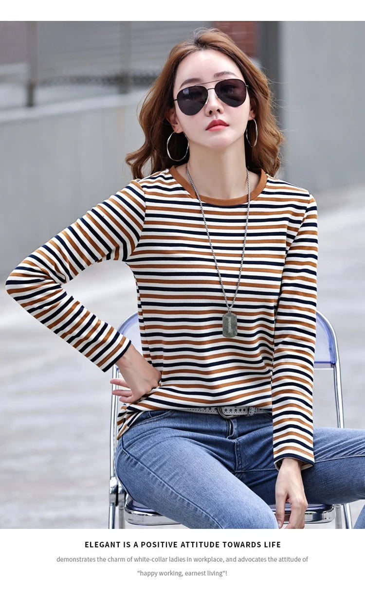 High Quality T Shirt For Women Korean Fashion Clothes Autumn Cotton Stripe Tee Shirt Femme O Neck Tops Woman Long Sleeve Tshirts