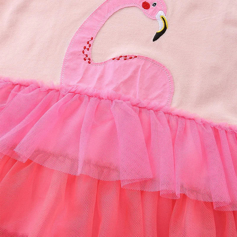 Little maven Kids Clothes Summer Children 's Clothing Baby Girls Cotton Embroidery Cartoon Flamingo Mesh Dresses Vestidos 2024