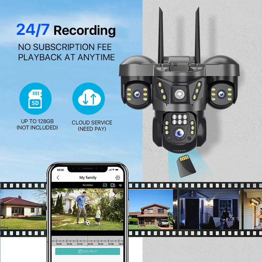 Home Surveillance Cameras 15MP 4GSim Card Triple Lenses Triple Screens 360 Video Monitor Night Vision Camera Security Protection