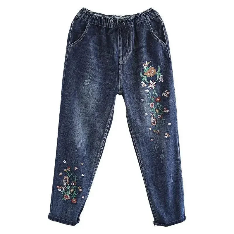 Vintage Jeans Women Embroidered Denim Trousers Streetwear Harem Pants Female Ankle-length New Loose Stretch Mom Jeans Q5760