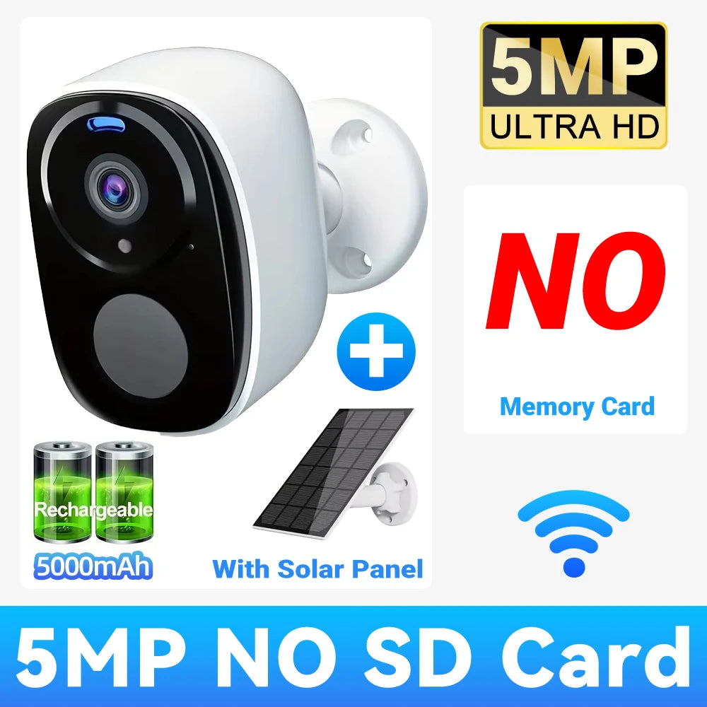 2K 5MP Solar Security Camera Wireless Outdoor Color Night Vision Battery Powered 2.4G WiFi, PIR, Waterproof, Two-Way Alexa