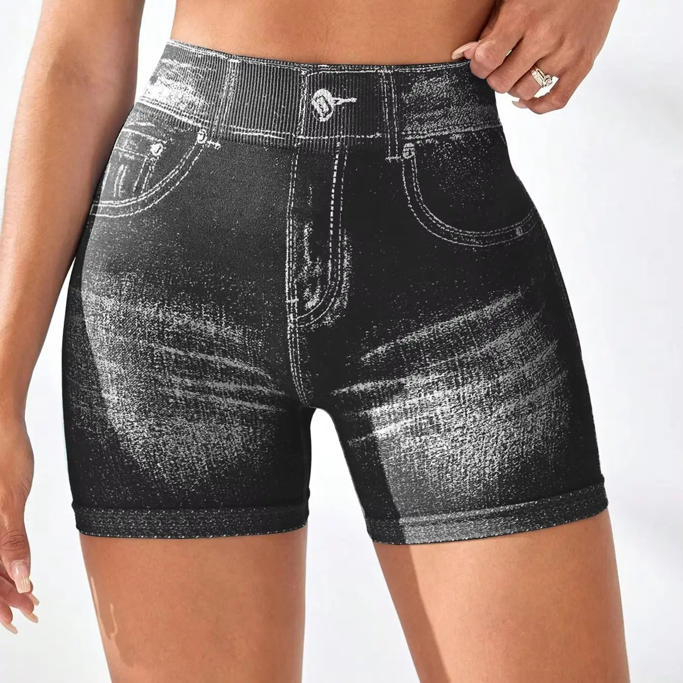 Women V back Shorts Faux Jeans Elastic Workout Sports Yoga Pants Butt Lifting Leggins Fitness Athletic Short Tights Seamless