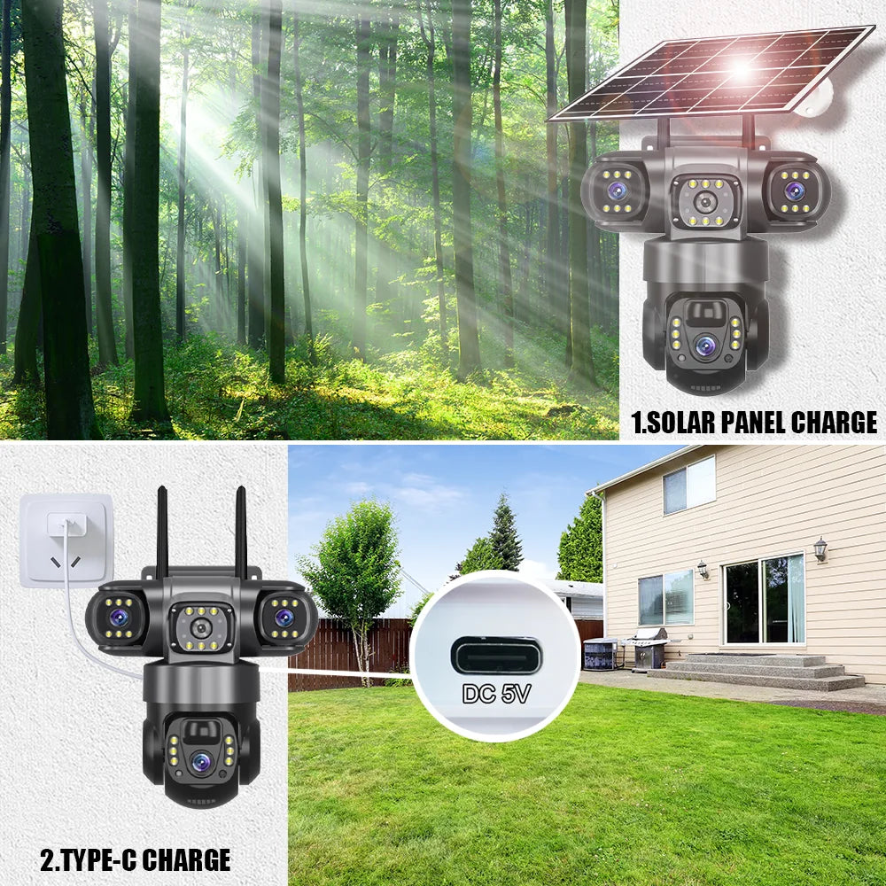 4G Solar Security Camera Outdoor Waterproof Wireless Three Lens Three screens Full Color Night Vision Motion Detection CCTV