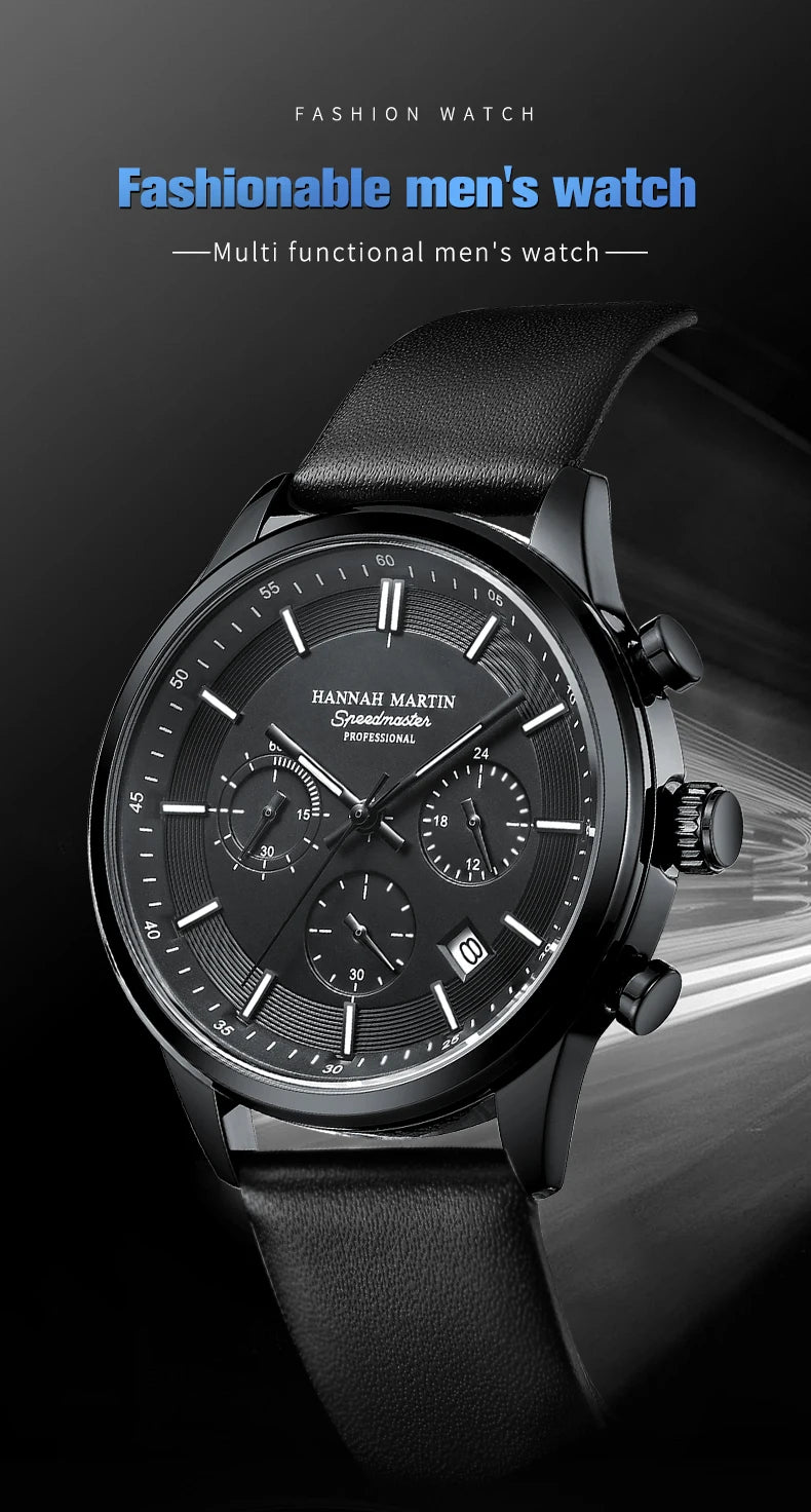 Hannah Martin Brand Men Watch Multifunctional Timing Dial Casual Sports Leather Original Quartz Movement Business Watch for Men