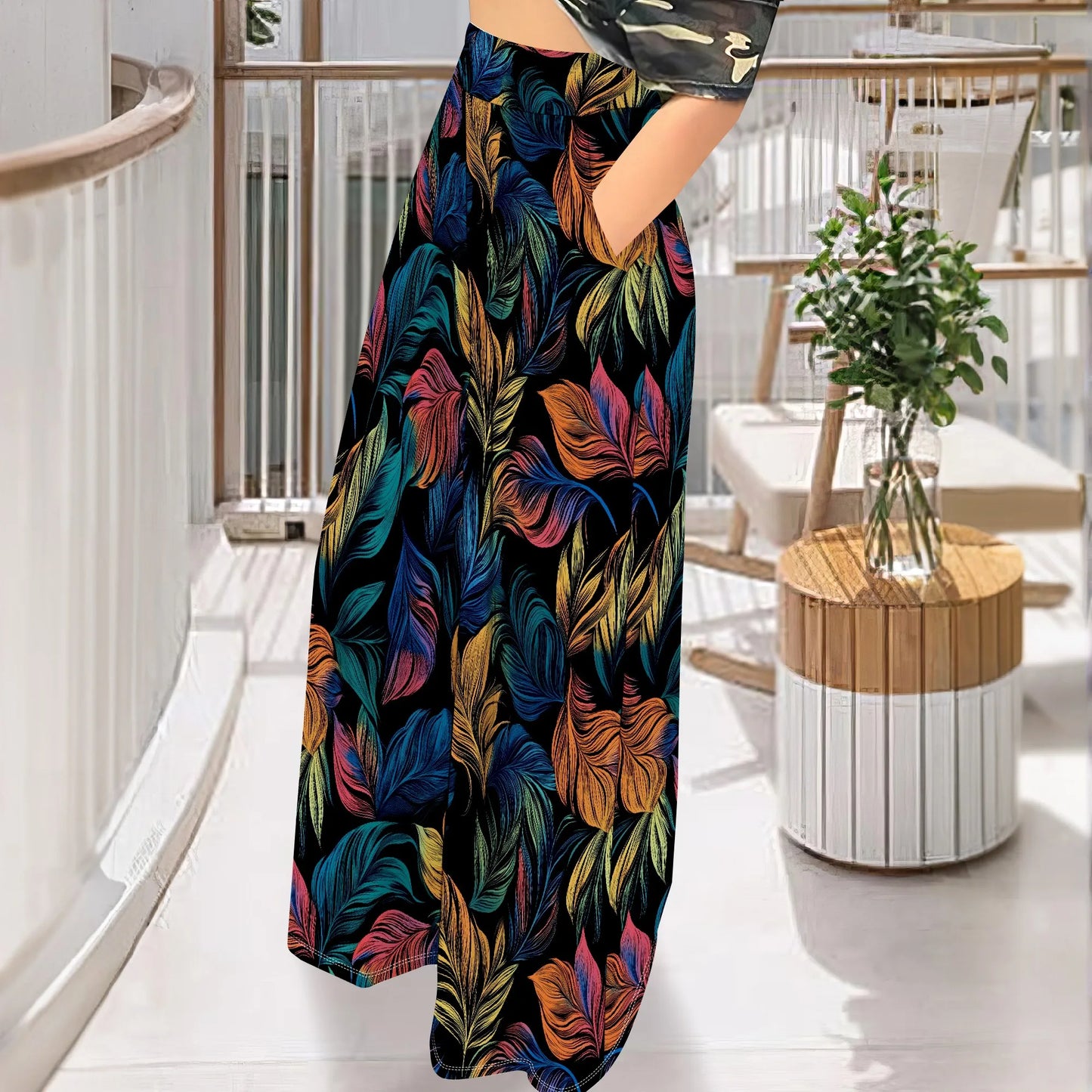 Women' s Camouflage Long Pants High Waist Wide Leg Stretchy Loose Fit Trousers with Pocket