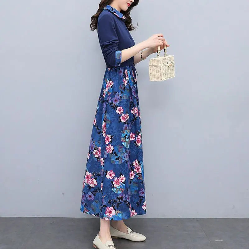 Women's Clothing Casual Printed Dresses Spring Autumn New Single-breasted Fashion Turn-down Collar Commute Drawstring Long Dress