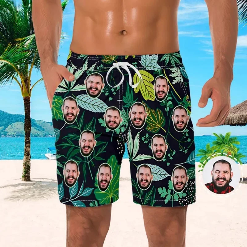 Custom Face Men Shorts Flowers Foliage Hawaii Beach Shorts 3D Printed Unisex Gym Sport Board Short Pants Ice Swim Trunks Ropa