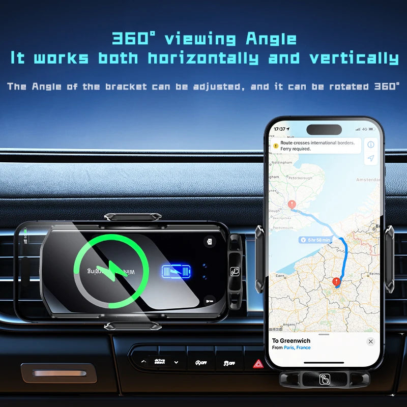 Wireless Car Phone Holder Stand 15W Fast Charge Touch Control Air Vent Phone Bracket Tempered Glass Panel for iPhone Android