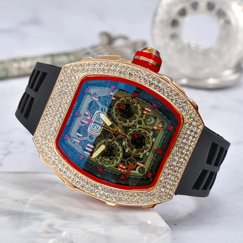 New Men's Hengbo Long European and American Hollow Star Diamond Fashion Barrel-Shaped Three-Eye Six-Hand Business Quartz Watch