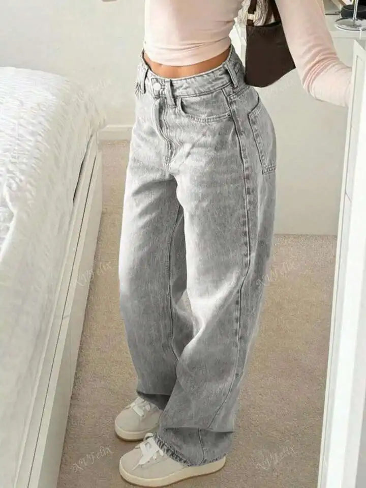 Jeans Women Straight Pants Denims Washed High Waist Distressed Pockets Female 2025 Streetwear Vintage Full Length Trousers