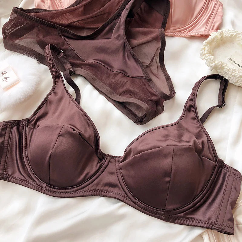 Women Ice Silk Comfort Underwear Sexy Small Breast Push Up Bra Set Detachable Padding Thin Cup Brassiere Intimates Panties Set