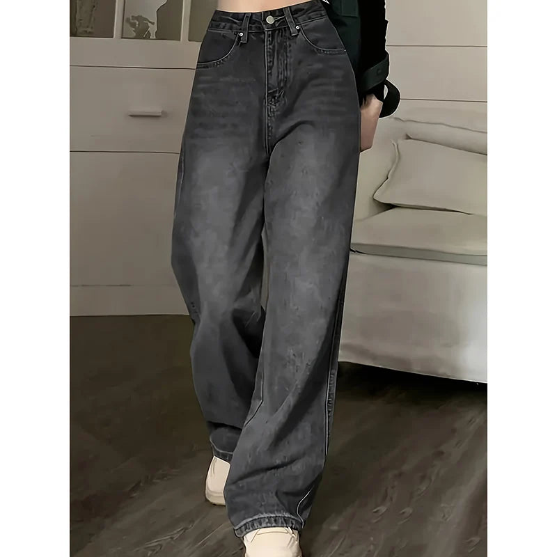 Women Fashion Loose Jeans Female High Waist Streetwear Designer Wide Leg Trousers Female Classic Gray Goth Straight Leg Pants