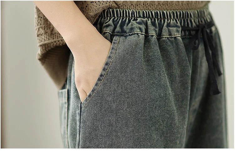 Jeans Women 2025 Autumn New Jeans Retro Heavy Industry Embroidery Ethnic Style Elastic Waist Casual Oversized Wide Leg Pants