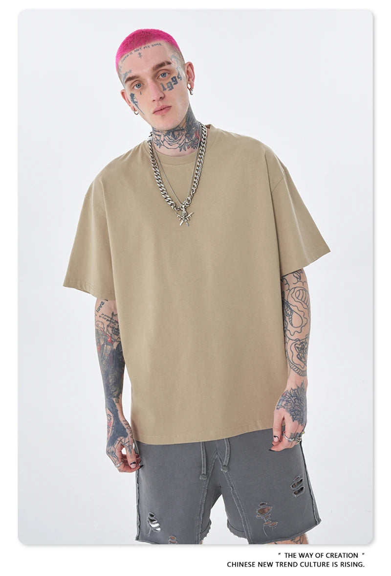 ZODF Trendy Summer 260gsm Cotton Oversized T Shirts For Men Unisex Male Kanye West High Street Solid Tees Brand Tops HY0122