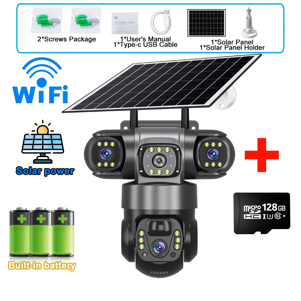 4G Solar Security Camera Outdoor Waterproof Wireless Three Lens Three screens Full Color Night Vision Motion Detection CCTV
