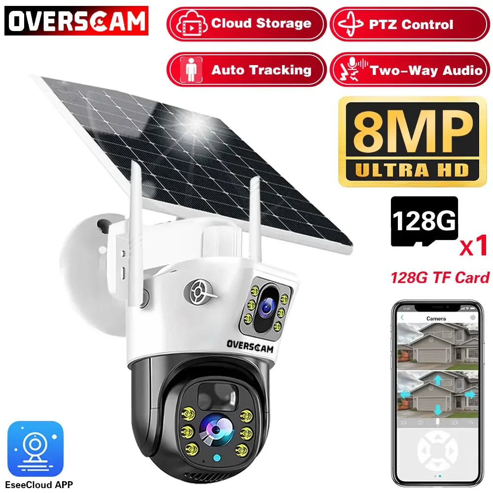 Solar Security Camera 4K 8MP Wireless PTZ Outdoor 360° Coverage 2-Way Audio Human Detection Night Vision 256GB WiFi/IP PIR Alarm
