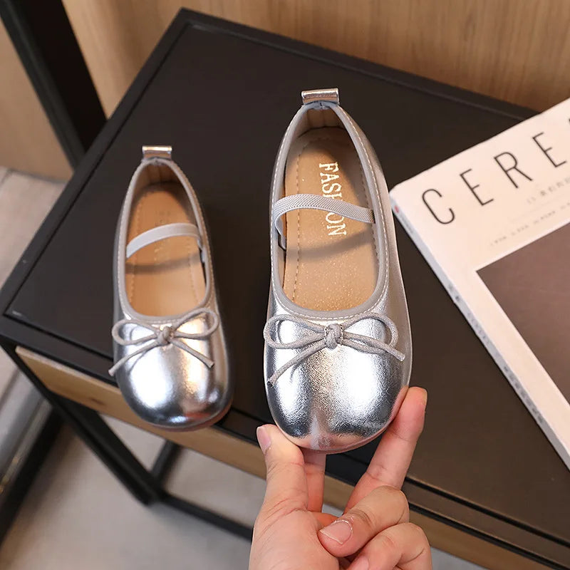 2025 New Kids Shoes Childrens Bowknot Princess Shoes Girls Flat Leather Shoes Gold Silver Red Spring Autumn For 3-10T
