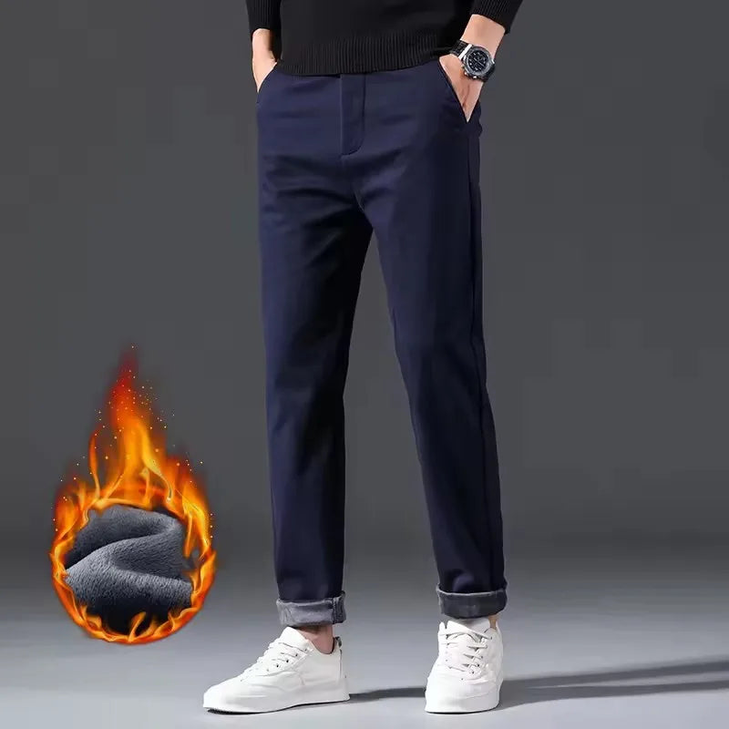 New Winter Mens Clothing Warm Casual Pants 98% Cotton Fleece Straight Business Thicken Men Pants Stretch Classic Velvet Trousers
