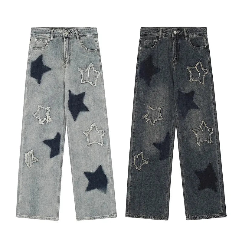 Women's Jeans American Vintage Star Embroidery Casual Denim Trousers Y2K Design Sense Denim High Street Loose Straight Leg Pants