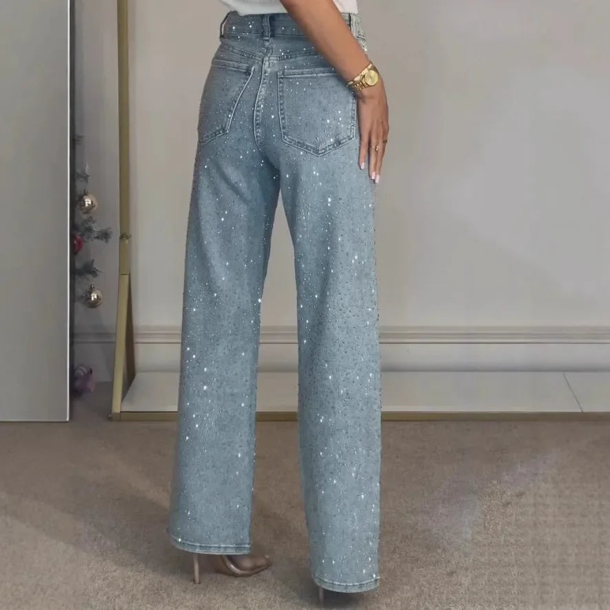 Jeans for Women Straight Diamonds Pants Stretch High Waist Washed Mom Jeans Vintage Denims Streetwear Y2k Streetwear Trousers