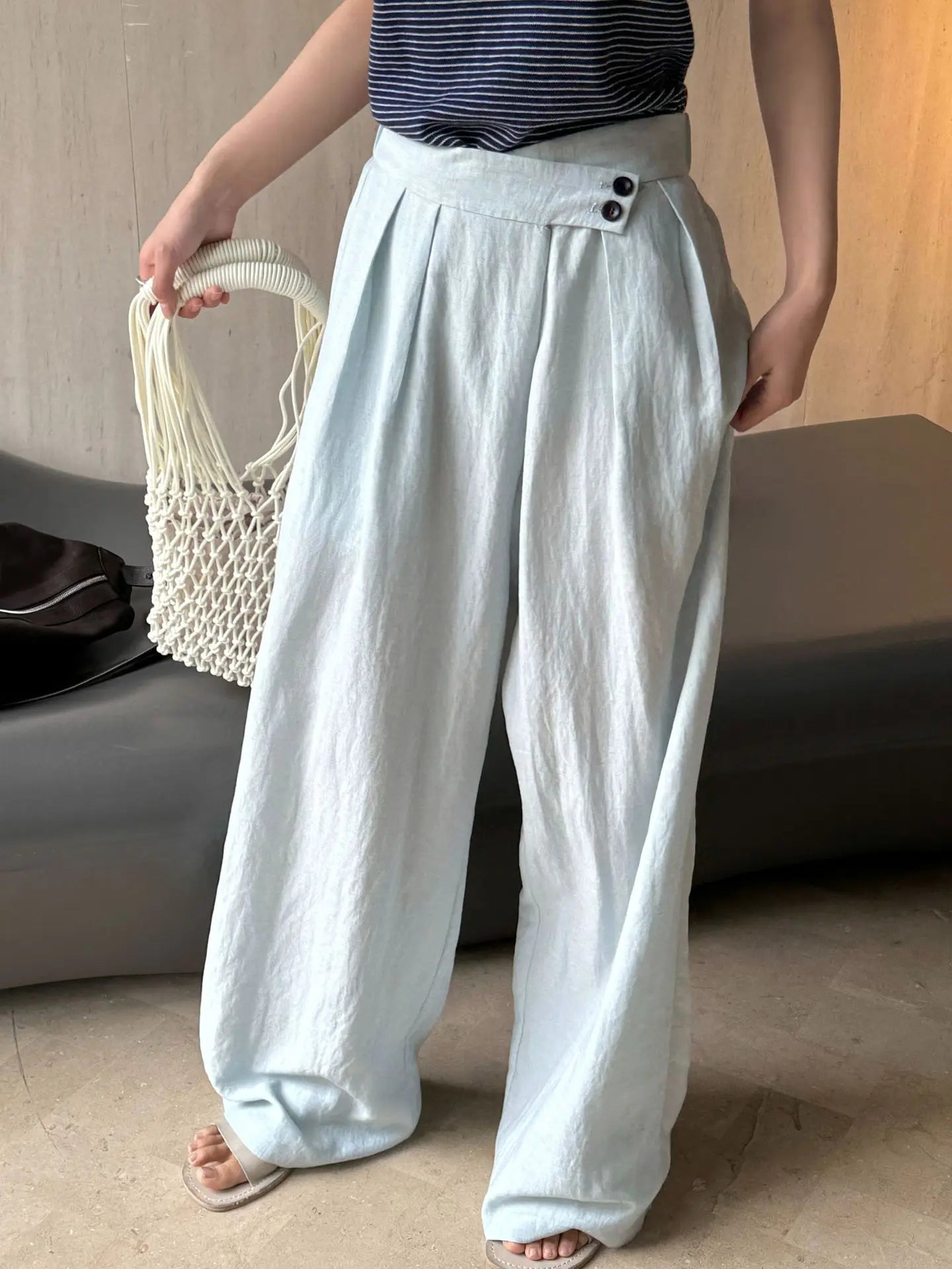 Summer women's casual solid color high waisted loose wide leg pants