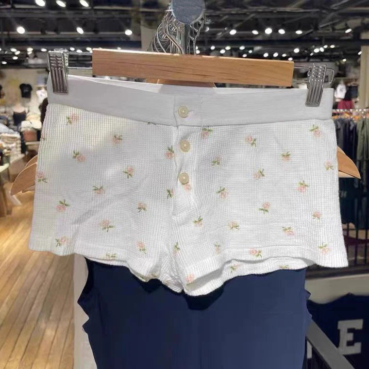 Purple Floral Print Home Shorts Summer Patchwork Elastic Waist Straight Short Pant Casual Cute Cotton Pants Woman Clothing