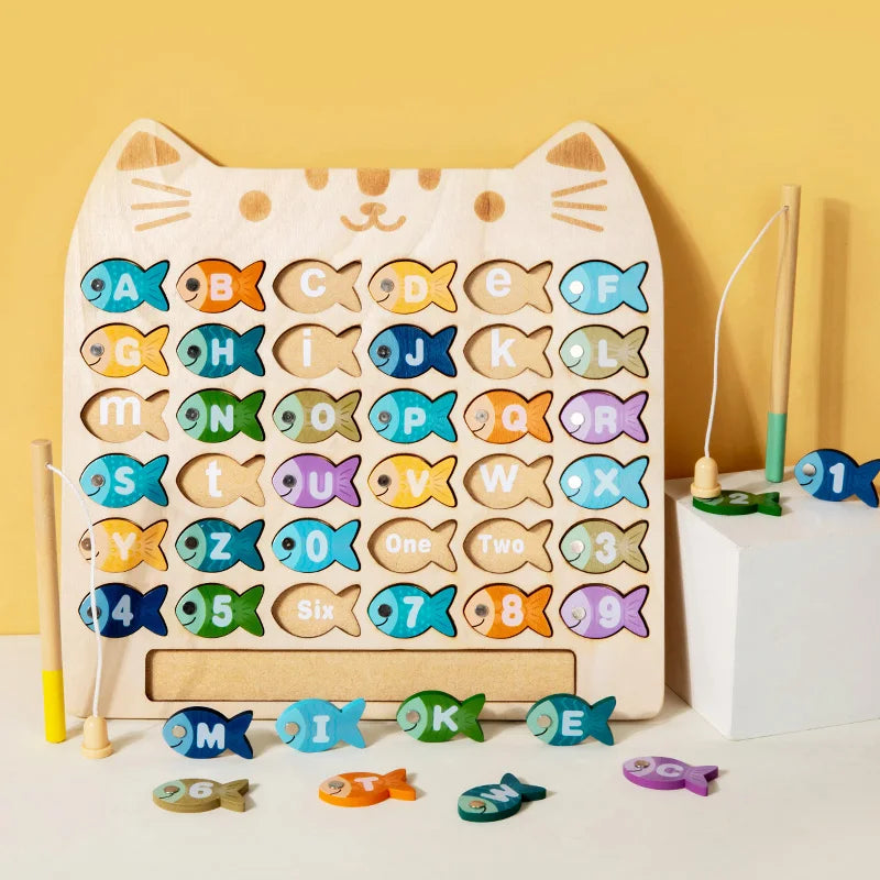 Kids Wooden Fishing Game Toys Gifts Early Education Alphabet Numeric Cognitive Toys Children Interactive Games Toys for Gifts