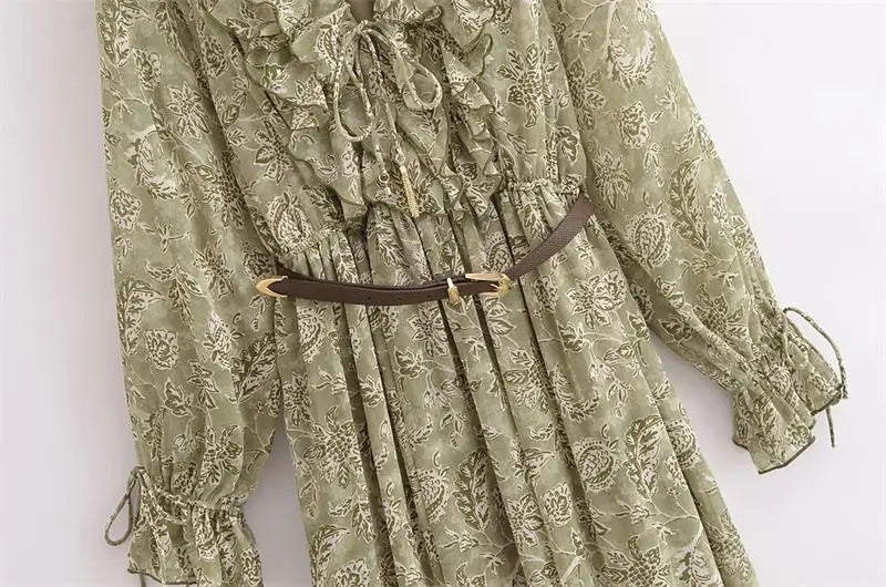 Dresses Women's 2025 New Spring Chiffon Print V-neck Chic Slim Long Dress Fashion Elegant Holiday Street Women's Dress