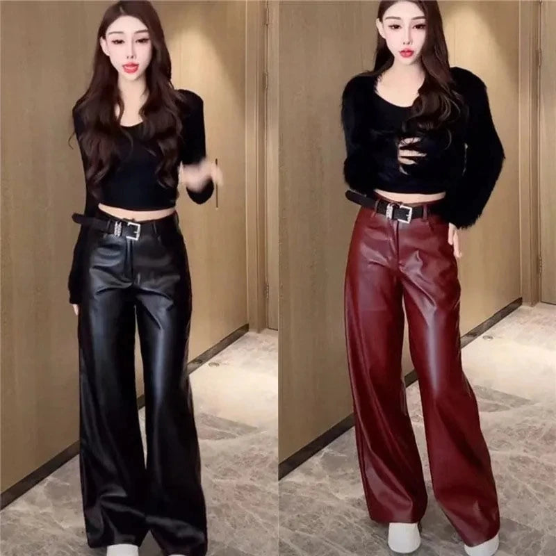 Womens Clothes Black PU leather Pants Women Casual Fashion Streetwear Gothic High Waist Flare leggings Trousers Womens Pants