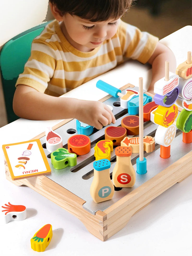 Wooden Kitchen Toys Set for Kids,Pretend Cooking Food Playset-BBQ Grill Toy with Food & Kitchen Toy Accessories Fine Motor Toys